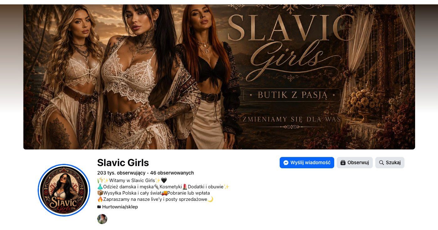 Grafika promocyjna z profilu Slavic Girls na Facebooku przedstawiająca modelki, prawdopodobnie wygenerowana przez AI